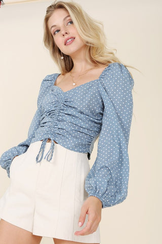 Ruched polka dot crop top with puff sleeves Blue polka dot