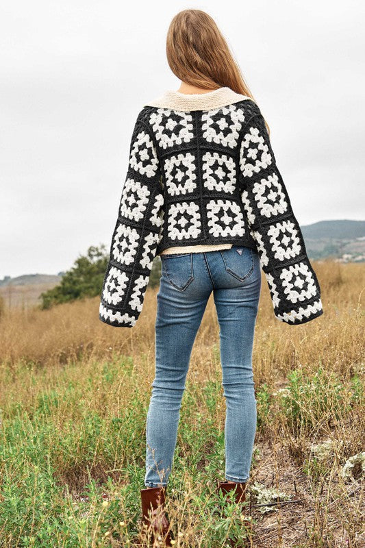 Two-Tone Floral Square Crochet Open Knit Cardigan cardigan