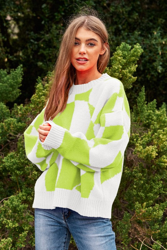 Multi Geo Checker Pullover Knit Sweater Top Neon Lime Sweater