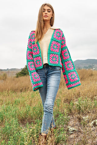 Two-Tone Floral Square Crochet Open Knit Cardigan cardigan