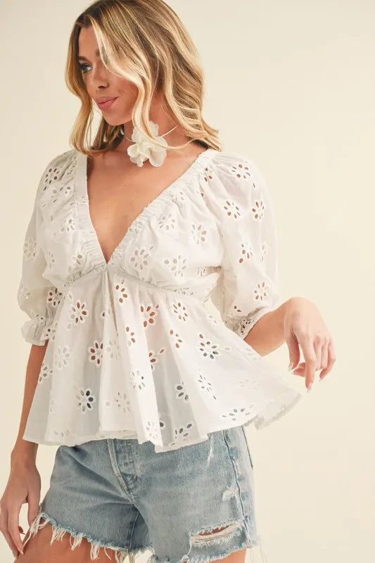 Eyelet Embroidered V-Neck Half Sleeve Peplum Blouse Top