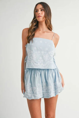 Embroidered Crop Cami and Balloon Mini Skirt Set Set