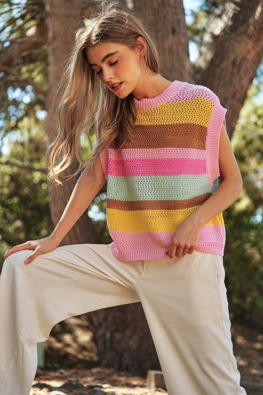 Crochet Multi Striped Pullover Knit Sweater Vest Top