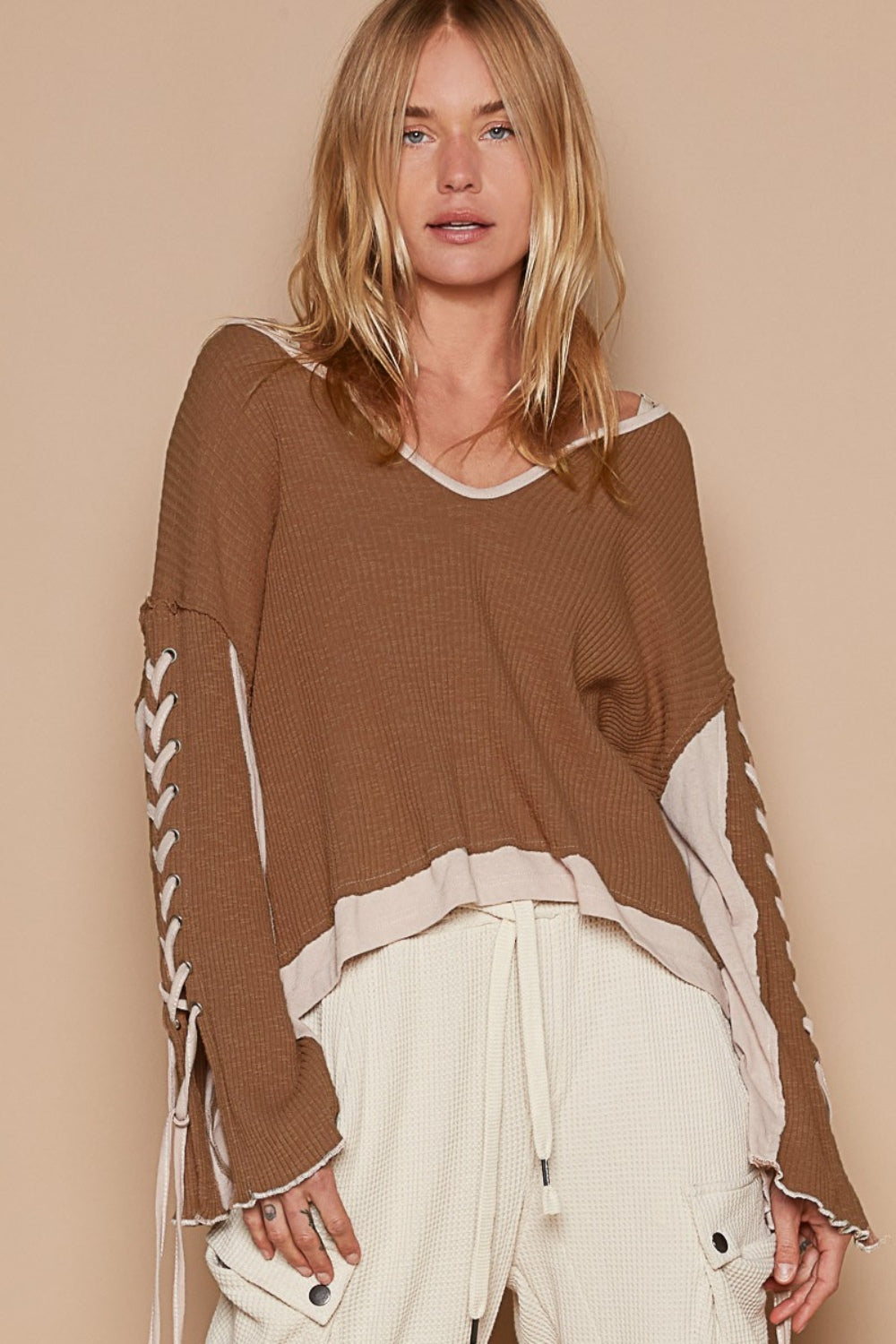 POL Lace-Up Sleeve Color Block Ribbed Knit Top Milk Chocolate Top