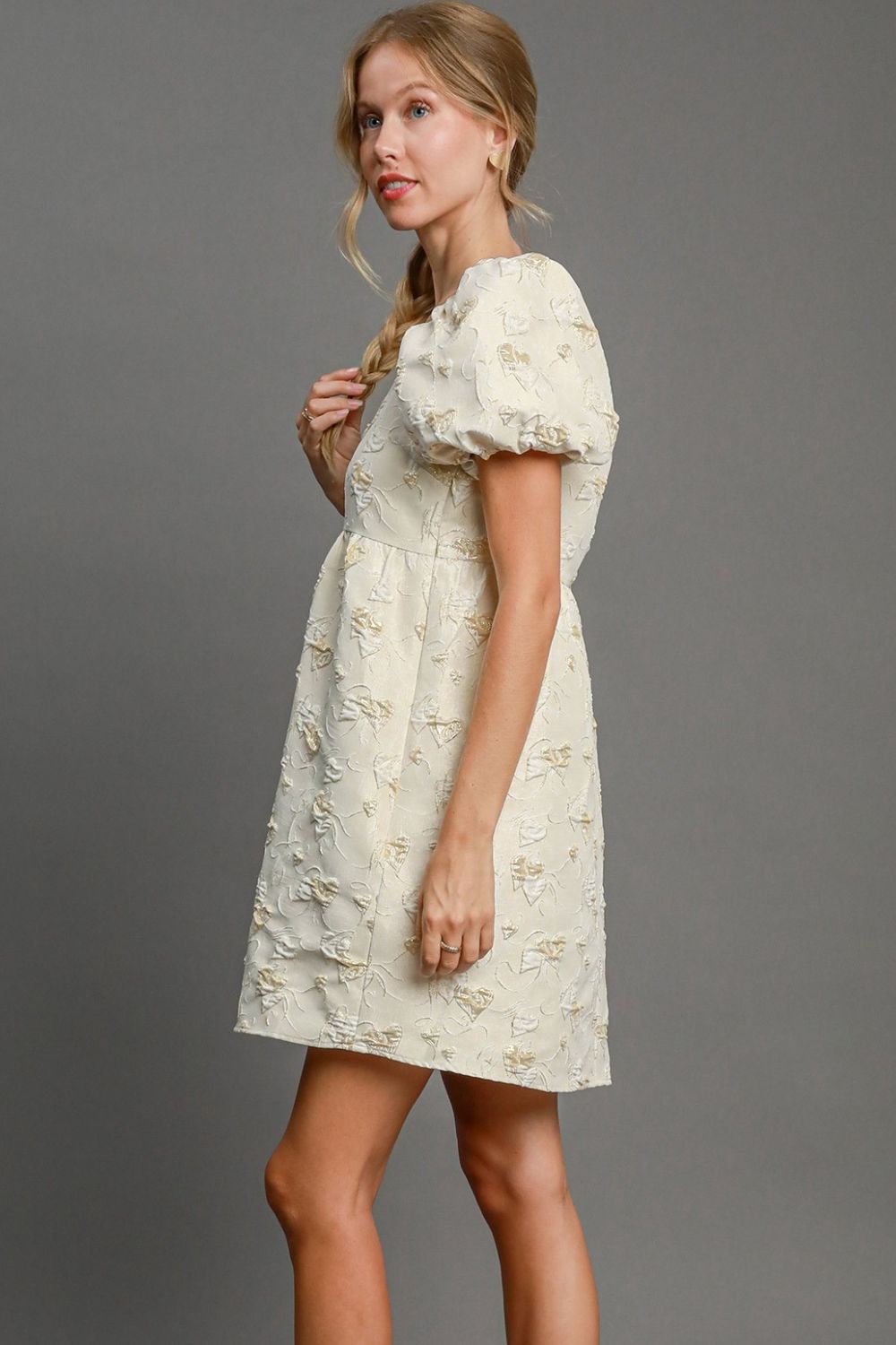 Umgee Heart Jacquard Square Neck Puff Sleeve Mini Dress Dress