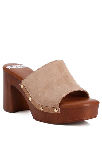 Cartera Suede High Block Heel Mules Tan mules