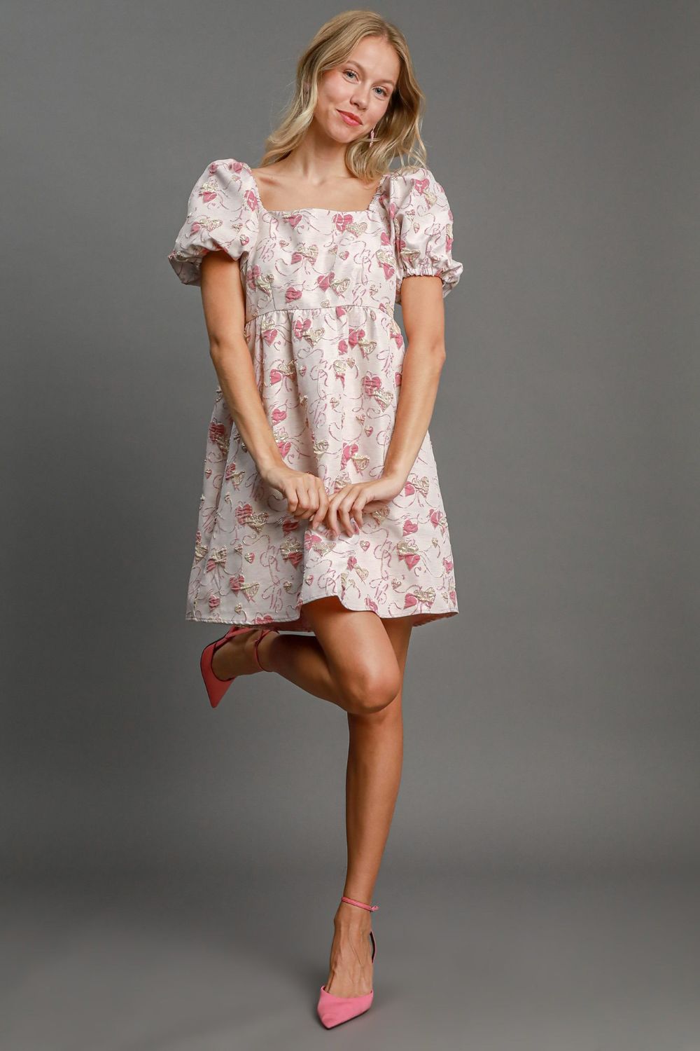 Umgee Heart Jacquard Square Neck Puff Sleeve Mini Dress Pink Dress