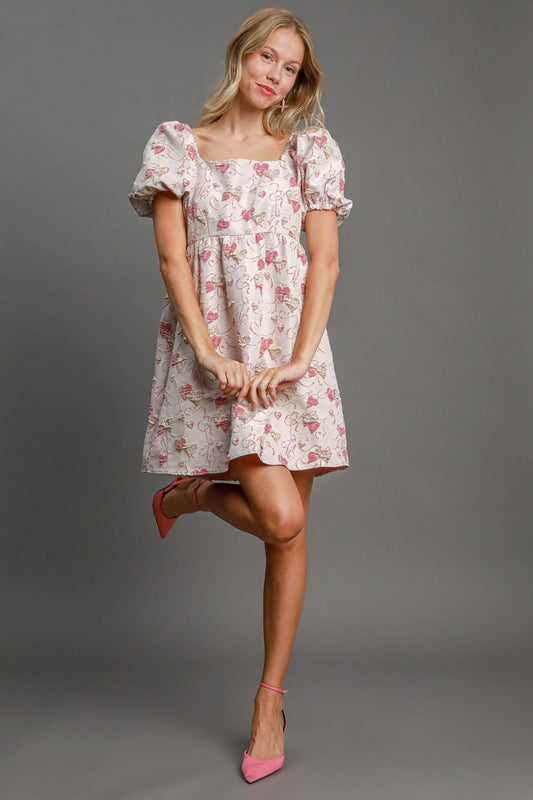 Umgee Heart Jacquard Square Neck Puff Sleeve Mini Dress Pink Dress