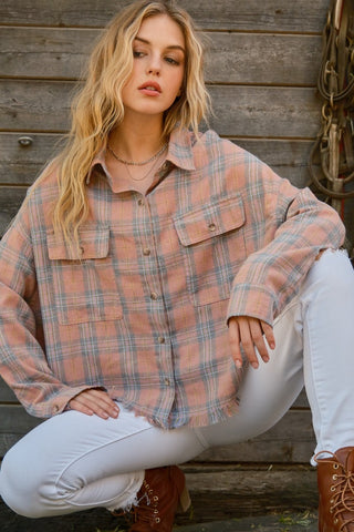 Plaid Button Up Raw Hem Shirt Shirt