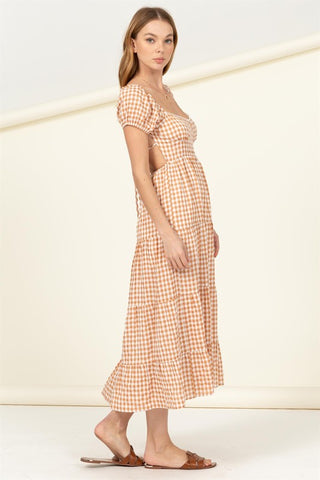 Somewhere to Go Tie-Back Gingham Print Maxi Dress Dress