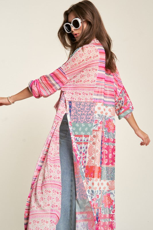 Mesh Print Mix Matched Button Front Cover Up CREAM PINK MULI Kimono Cardigan