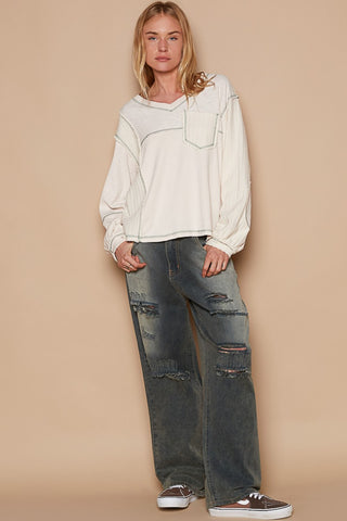 POL V-Neck knit Panel Exposed Seam Top Top