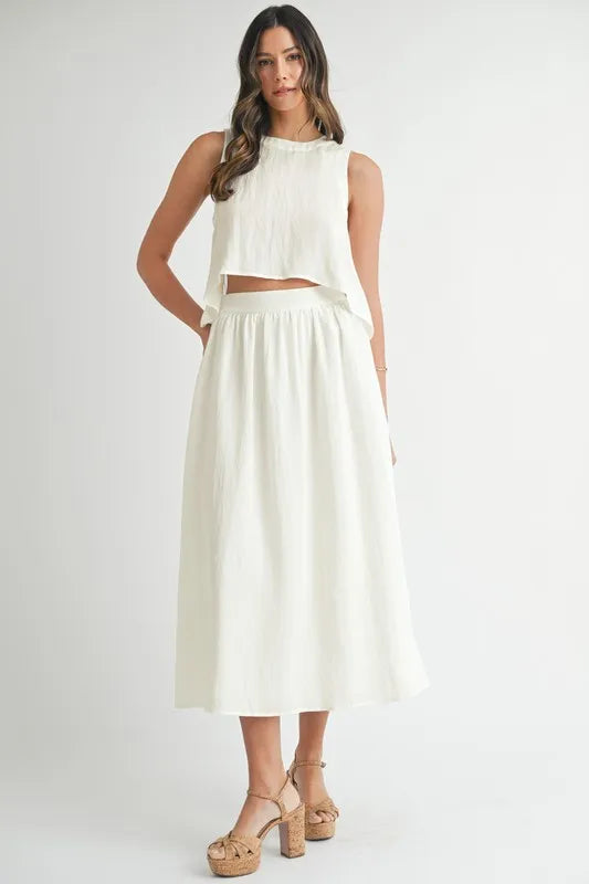 Wrinkled Round Neck Swing Top and Skirt Set set