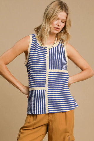 Umgee Round Neck Texture Striped Tank Blue Top