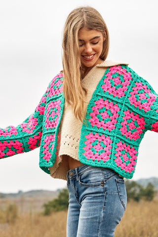 Two-Tone Floral Square Crochet Open Knit Cardigan cardigan