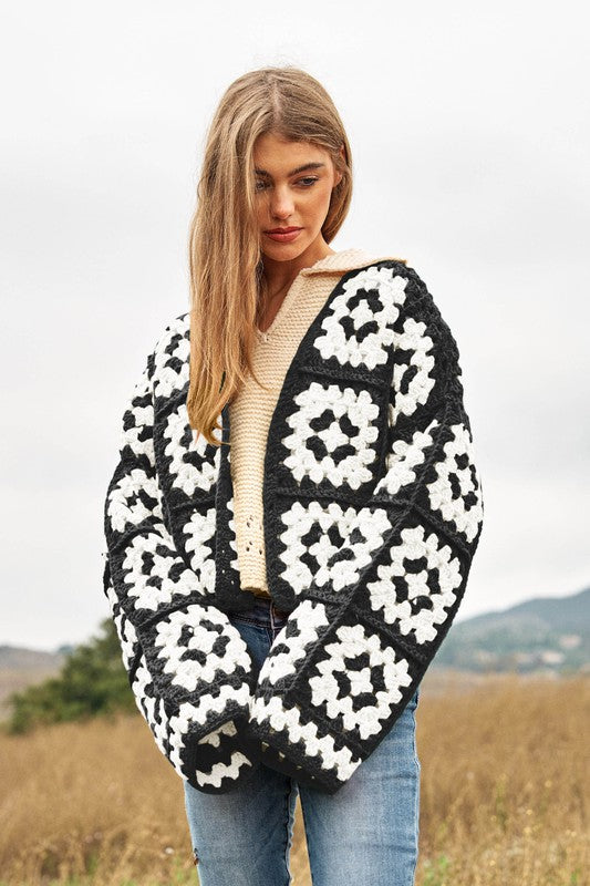 Two-Tone Floral Square Crochet Open Knit Cardigan cardigan