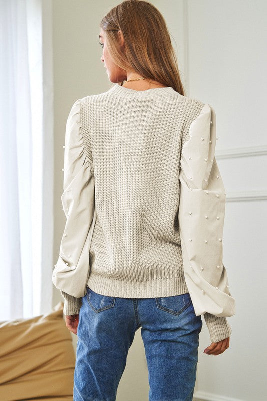 Pearl Embellishments Contrast Sleeves Sweater Sweater