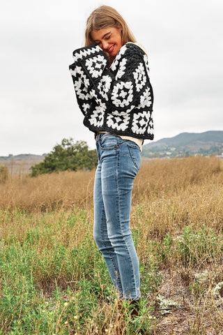 Two-Tone Floral Square Crochet Open Knit Cardigan cardigan