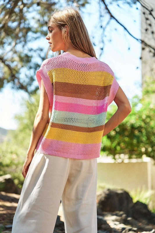 Crochet Multi Striped Pullover Knit Sweater Vest Top