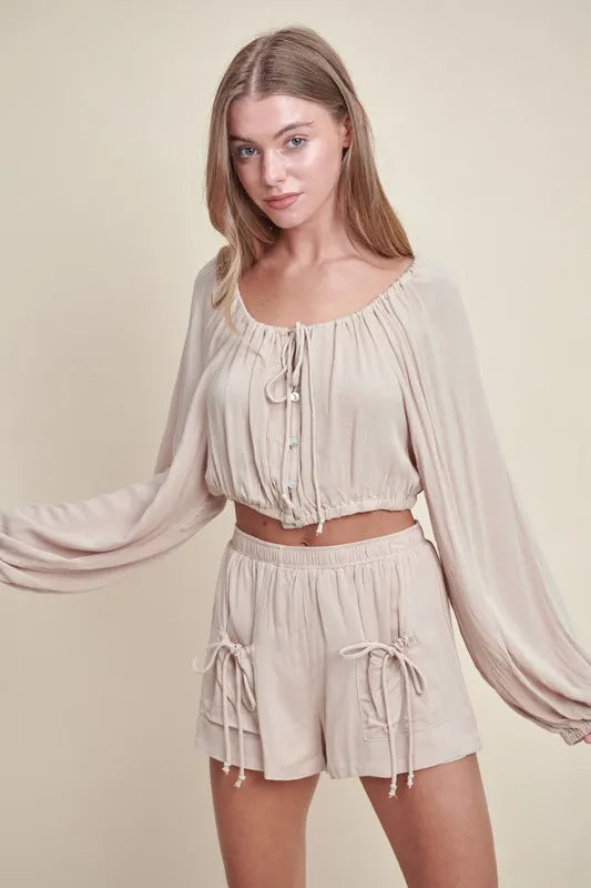 Gauze Long Sleeve Button Crop Top and Short Set Lt Taupe Pant and Top Set