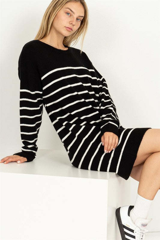 Casually Chic Striped Sweater Dress BLACK CREAM Dress