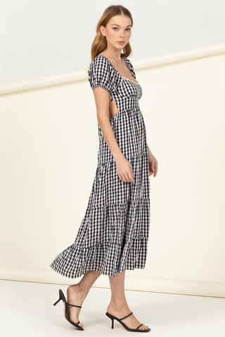 Somewhere to Go Tie-Back Gingham Print Maxi Dress Dress