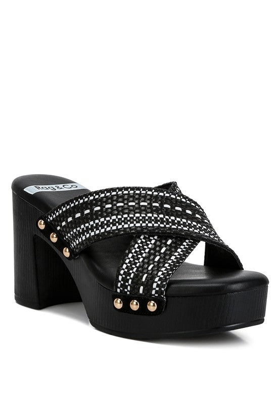 Finley Raffia High Block Heel Clogs Black clogs