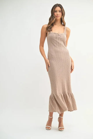 Ruffled Hem Sleeveless Crochet Knit Midi Dress Mocha Dress
