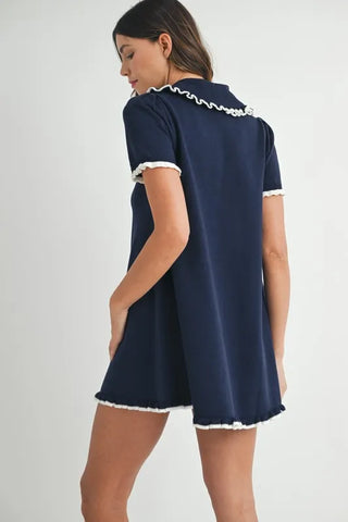 Ruffle Trimmed Collar Fine Knit Mini Dress Dress
