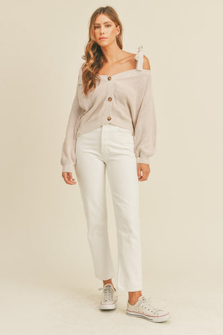 Off Shoulder Self Tie Strap Button Down Sweater cardigan