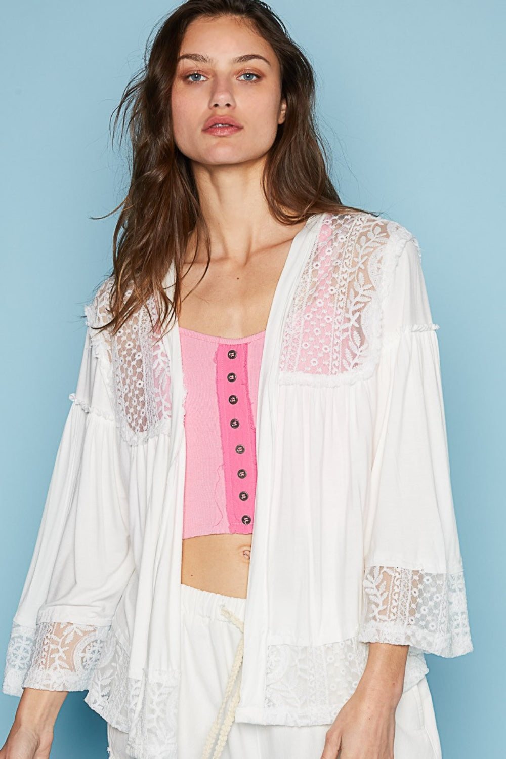 POL Open Front Lace Detail Cardigan Ivory Top