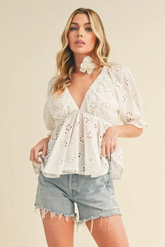 Eyelet Embroidered V-Neck Half Sleeve Peplum Blouse White Top