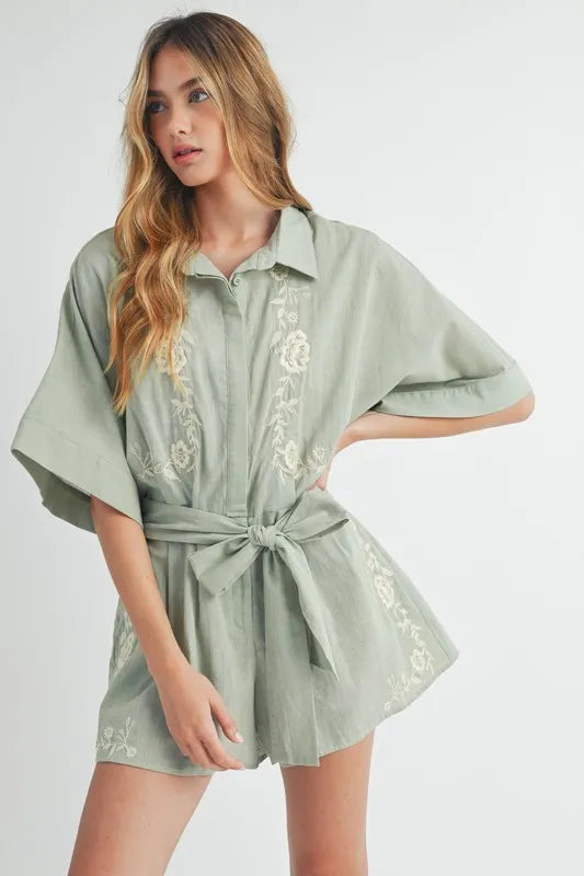 Embroidered Button Down Collared Neck Romper Dusty Sage Romper