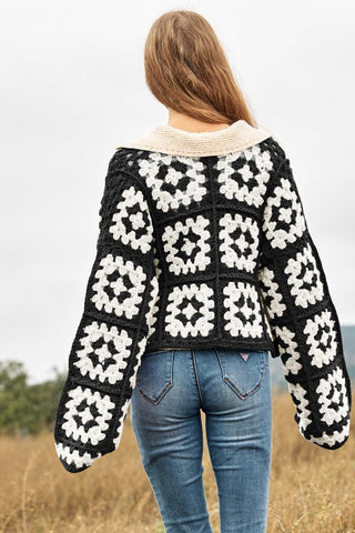 Two-Tone Floral Square Crochet Open Knit Cardigan cardigan