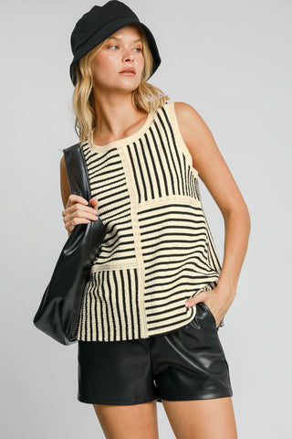 Umgee Round Neck Texture Striped Tank Top