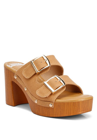 Sarai Buckle Straps High Block Heel Mules Tan mules