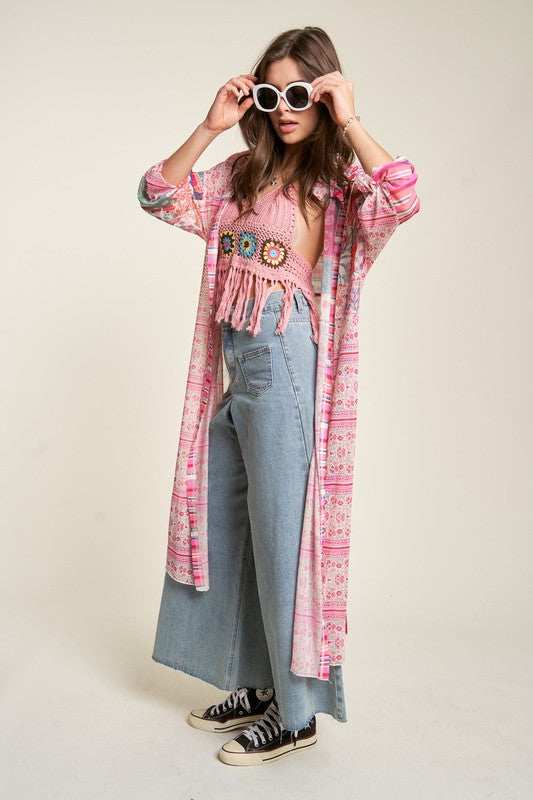 Mesh Print Mix Matched Button Front Cover Up Kimono Cardigan