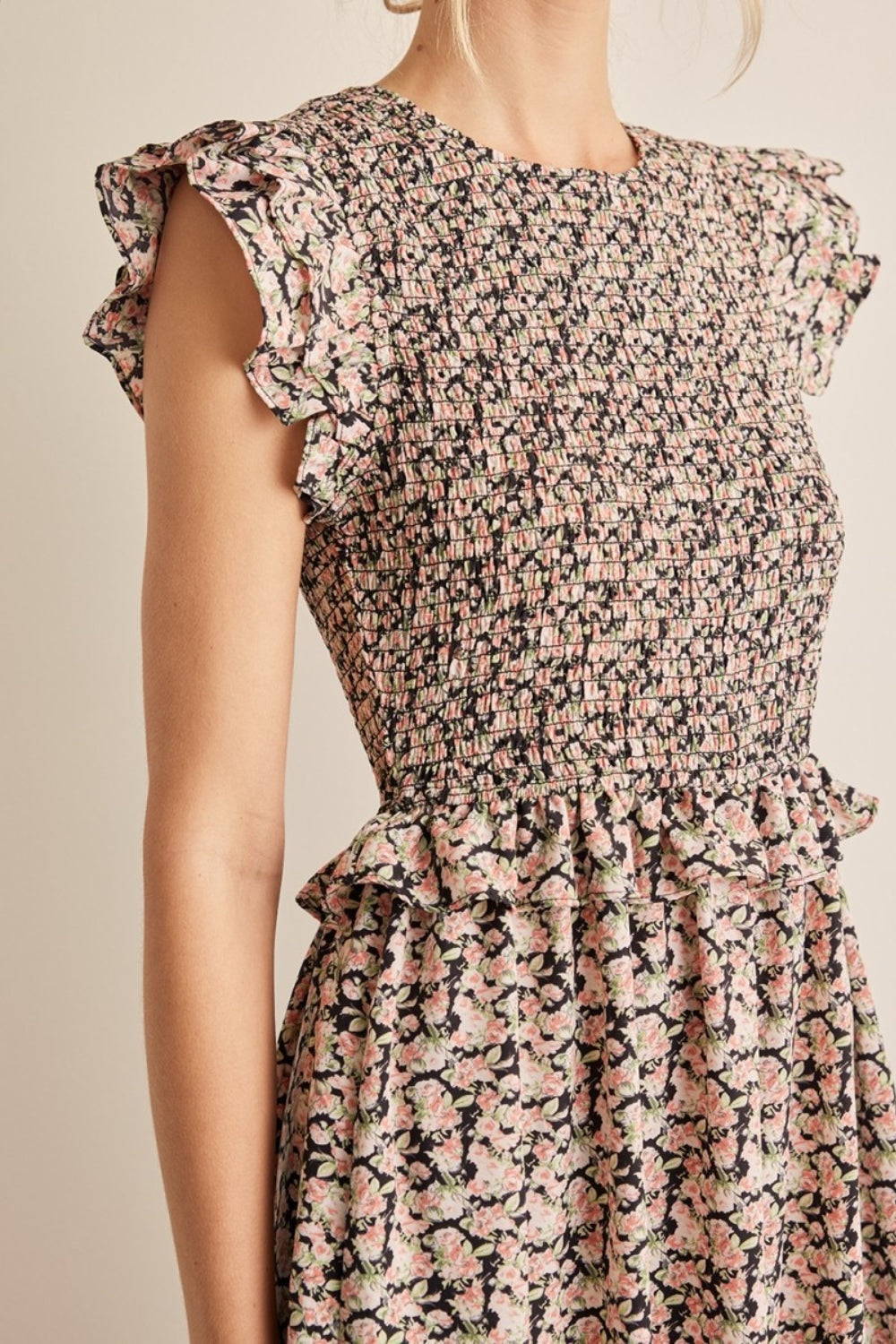 In February Floral Smocked Ruffled Midi Dress dress