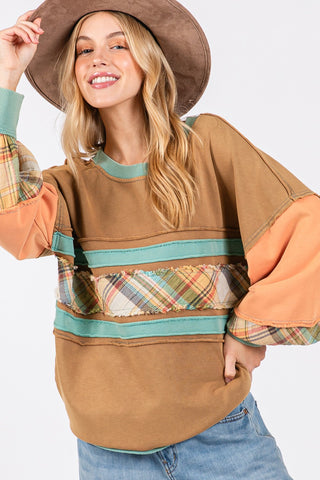 Mineral Wash Raw Edge Color Block Sweatshirt Hazelnut sweatshirt