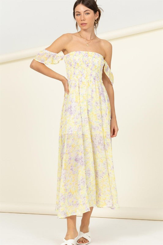 Pastel Florals Smocked Midi Dress YELLOW Dress