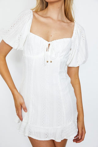 Textured Eyelet Puff Sleeved Mini Dress Dress