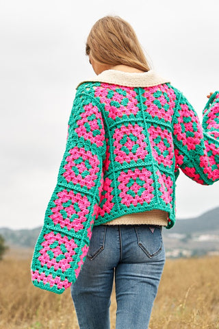 Two-Tone Floral Square Crochet Open Knit Cardigan cardigan