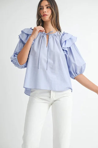 Stripe Ruffle Shoulder Puff Sleeve Blouse Light Blue Blouse