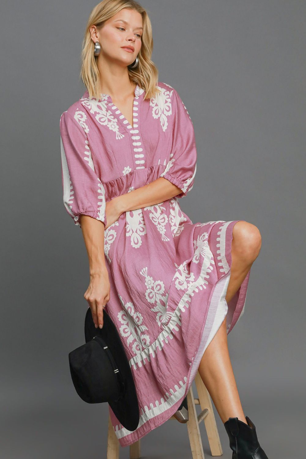 Umgee Printed Notched Midi Dress Dress