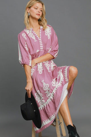 Umgee Printed Notched Midi Dress Dress