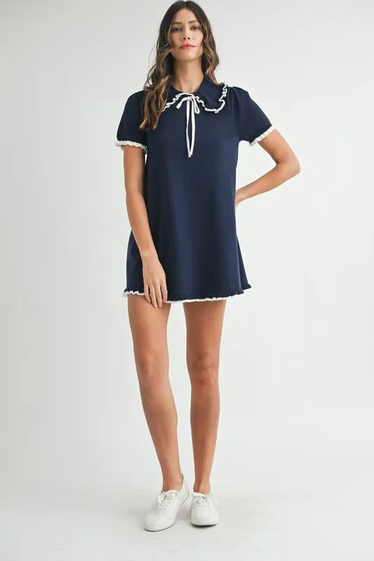 Ruffle Trimmed Collar Fine Knit Mini Dress Dress