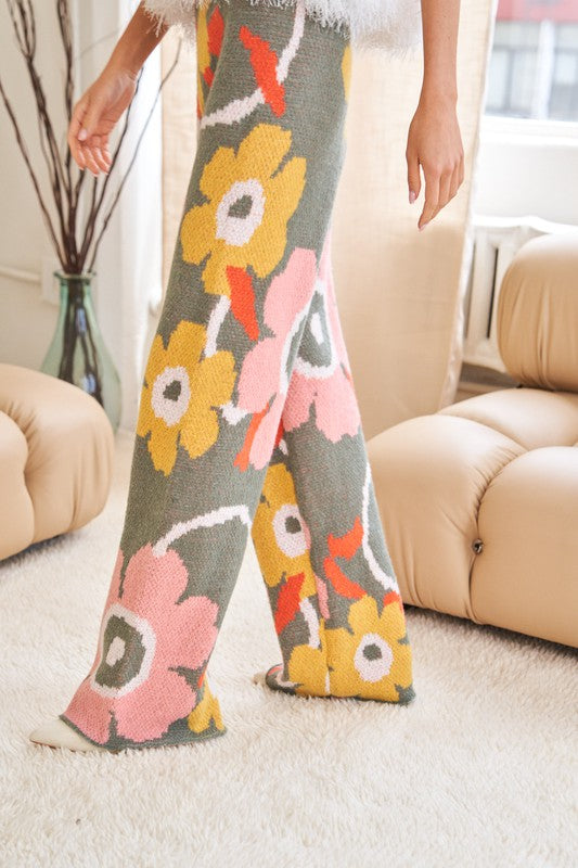 Flower Printed Casual Cozy Full Long Wide Pants SAGE PINK Pants