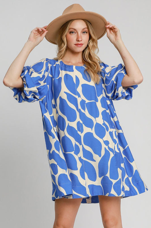 Umgee Two Tone Abstract Print Puff Sleeve Dress Blue Dress