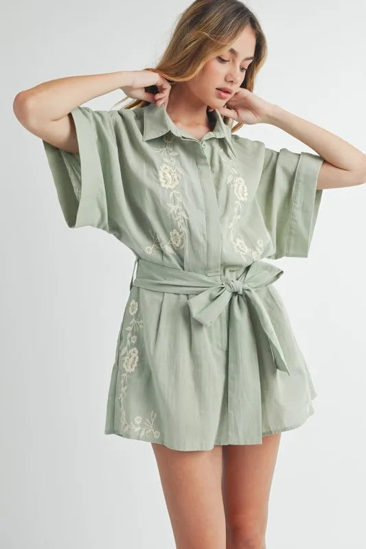 Embroidered Button Down Collared Neck Romper Romper