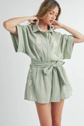 Embroidered Button Down Collared Neck Romper Romper